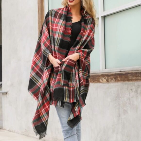Plaid Pocket Ruana Cozy Wrap for Fall Winter One Size Fits Most Sleeves Pockets - Picture 2 of 3